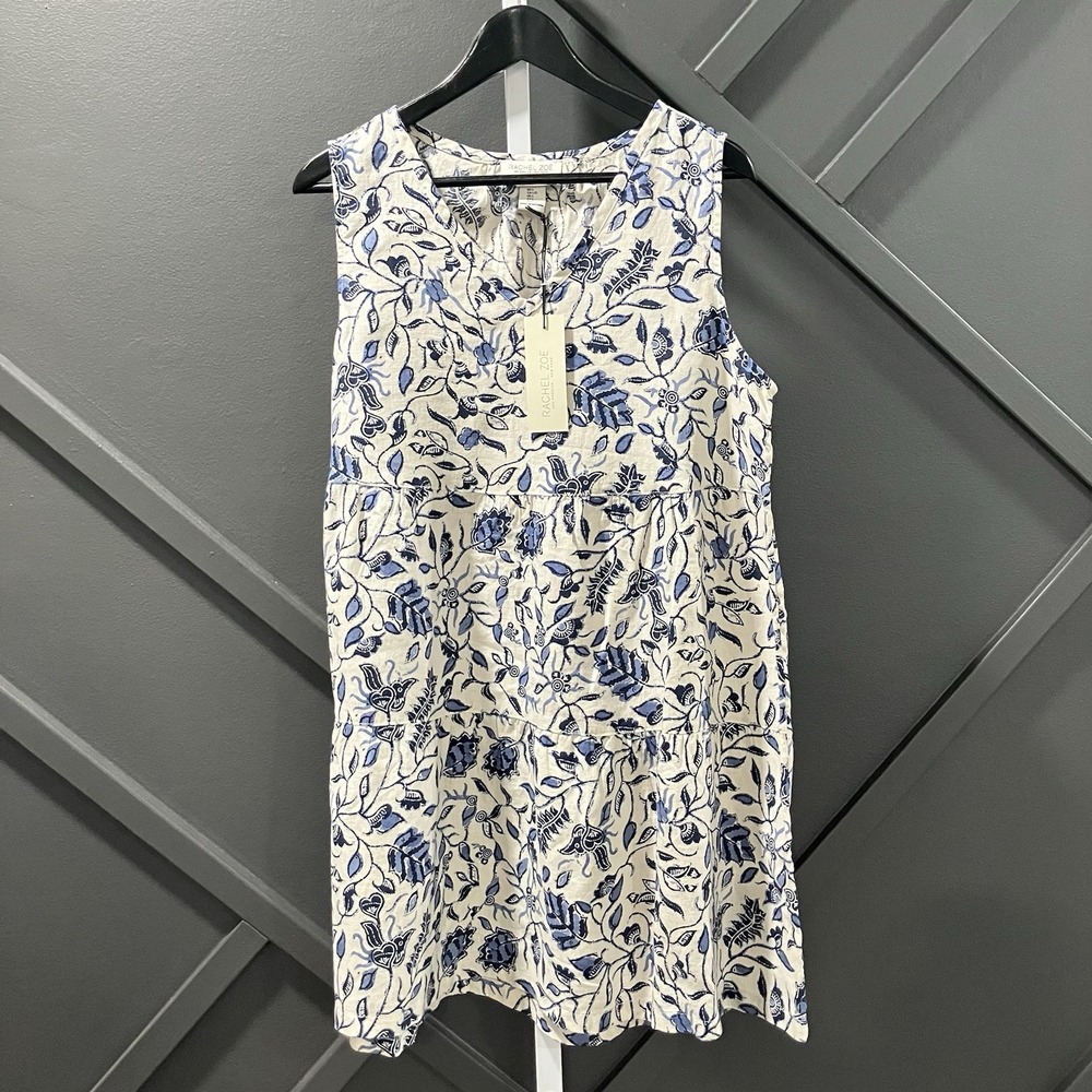 Rachel Zoe Dress Womens Size L  100% Linen Blue Floral Sleeveless Tiered NWT